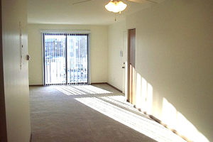 carpeted living room, sliding glass doors, ceiling fan